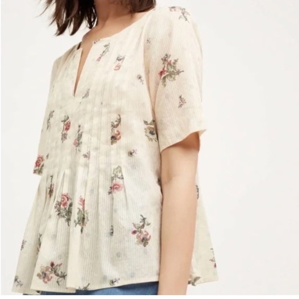 Maeve Anthropologie Dainty Floral‎ Pintuck Cotton Blouse Cream Split Neck Size 4